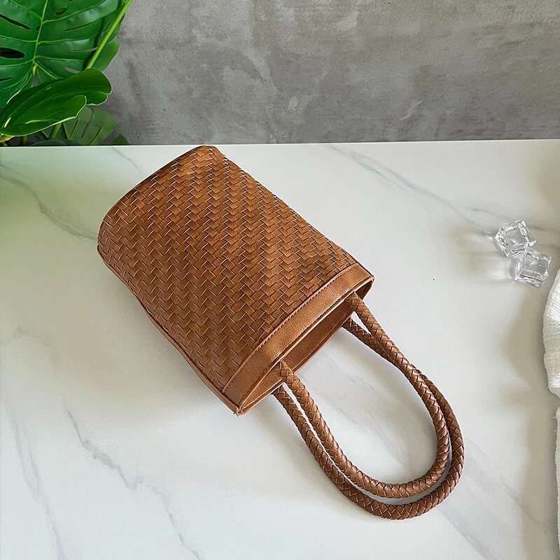 French Style Soft Pu Leather Woven Hollow Out Bucket 2025Summer New Trend Small Top-Handle Handbag Travel Vacation Beach Bag