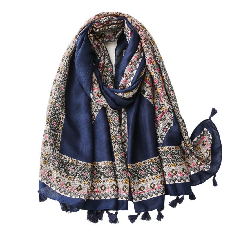 K948 Korean women's new diamond plaid literary style square printed cotton and linen soft long silk scarf sunshade shawl