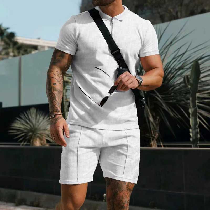 Summer New Mens Suit Fashion Printing Lapel Zipper 2 Piece Set Short-sleeved T-shirt and Shorts Sportswear Beach Suit W250609