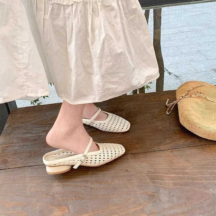 Stepping Clouds Square Toe Woven Chunky Heel Closed Toe Mary Jane Slippers For Women Outdoor Strap Genuine Leather Hollow Out Clogs