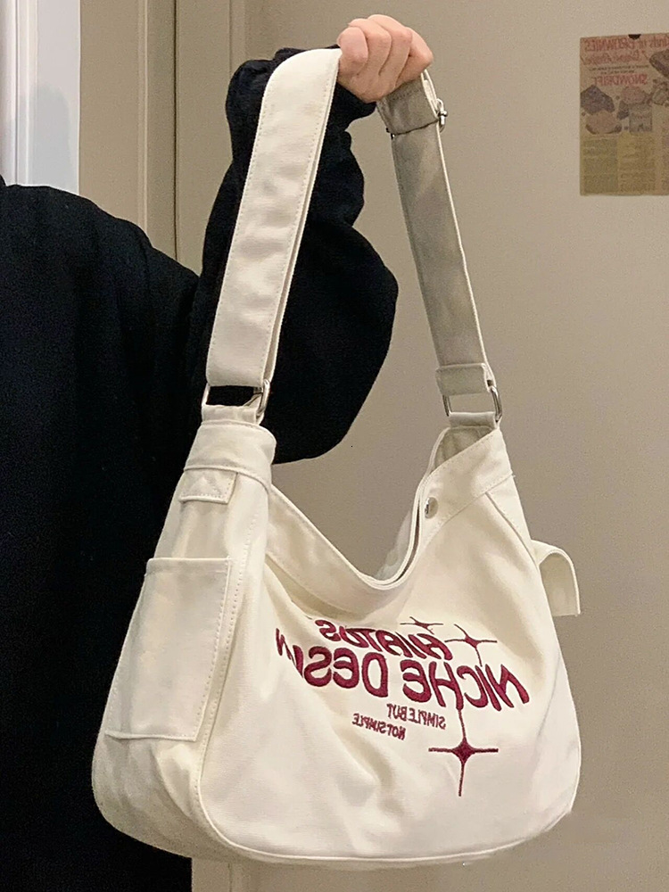 designer Japanese Style Canvas Bag for Female College Students, Ins Lazy Style, Large Capacity, Single Shoulder Crossbody, Niche Embroidered Tote Bag
