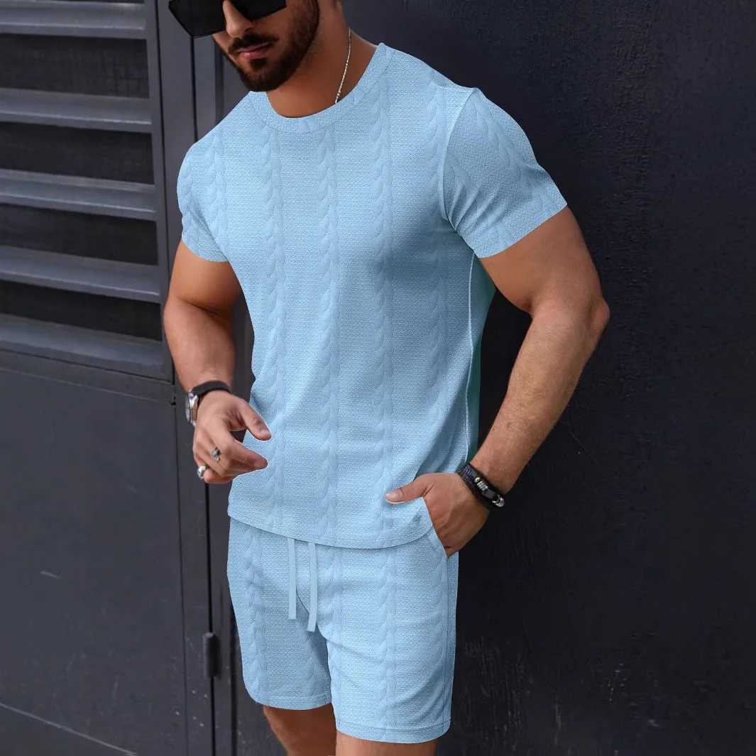 2025 Summer Fashion New Mens Solid Color Jacquard Set Casual Round-Neck Short-Sleeved Drawstring Shorts Two-Piece Set W250609