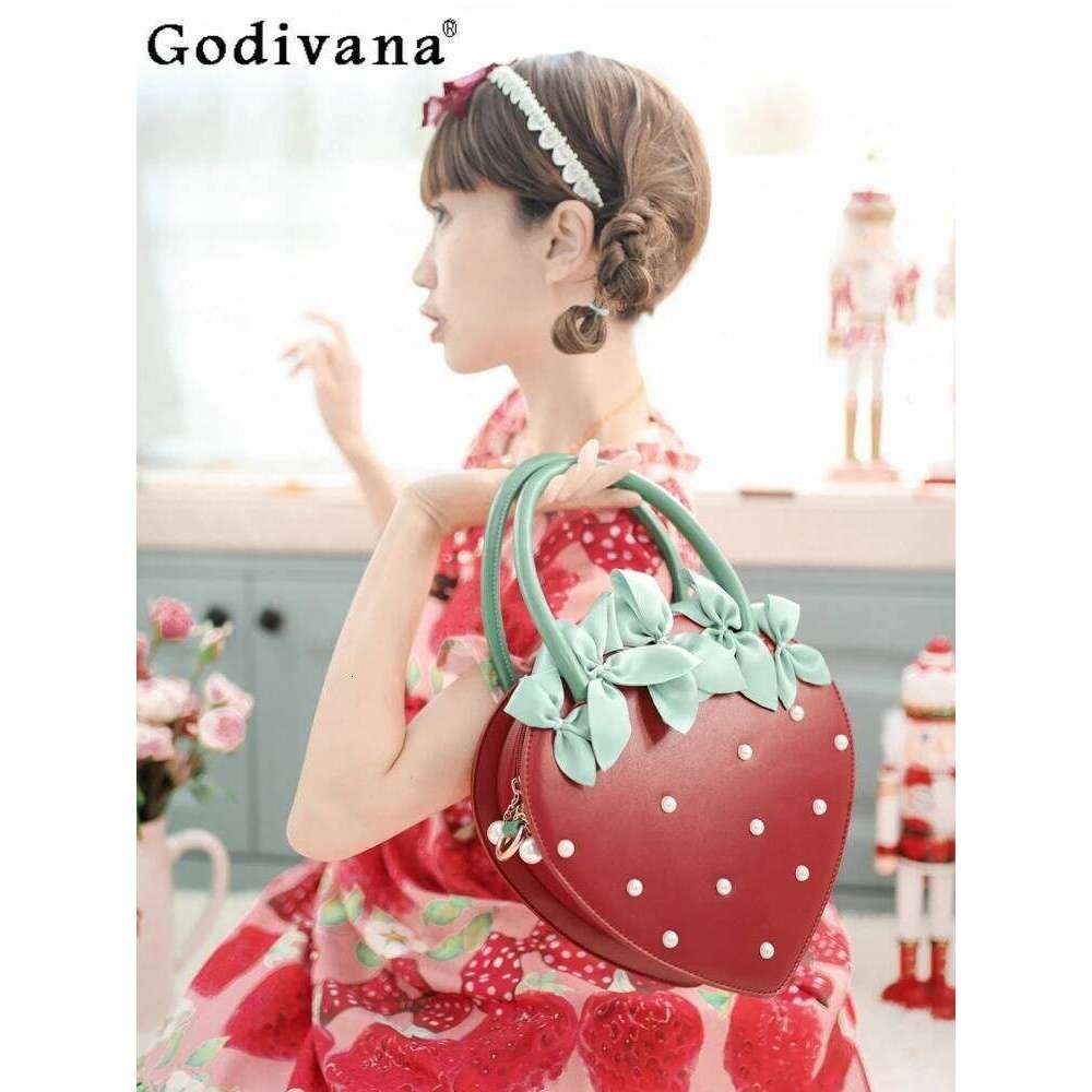 Original Lolita Sweet Girl Handbag Japanese Cute Little Strawberry Pearl Red Bow Daily Versatile Portable Diagonal Straddle Bag