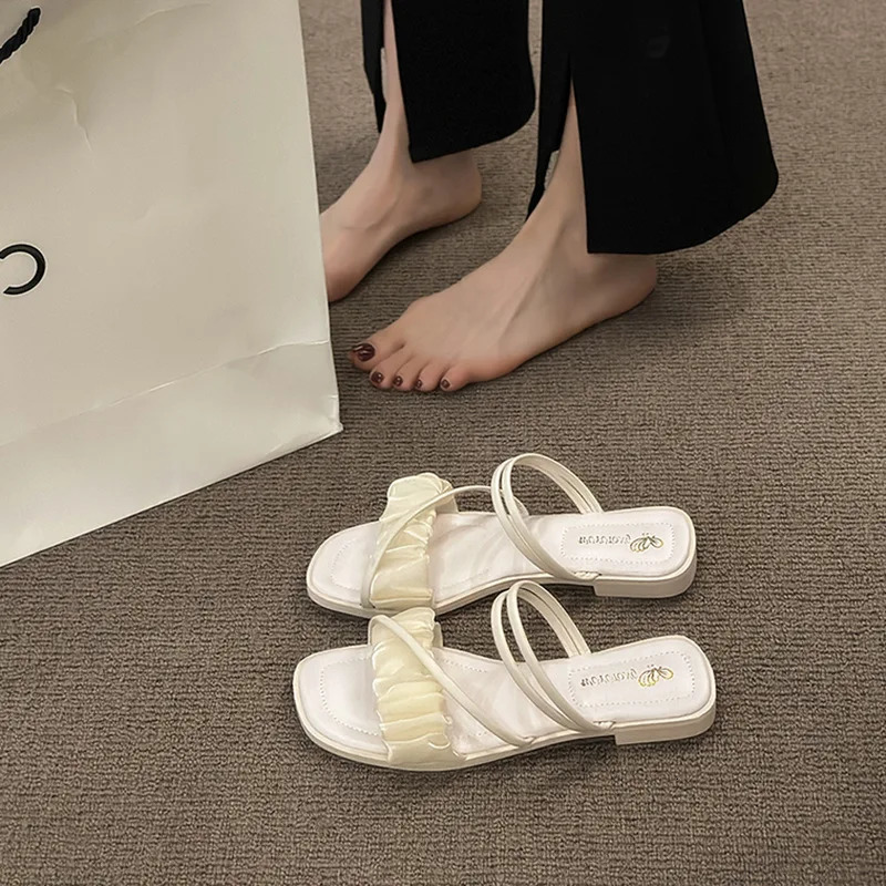 Fashion Woman Sandals Women Sandals Ladies Square Heels Elegant Summer Slippers Outside Cross Tied Leather Female Slides 250605