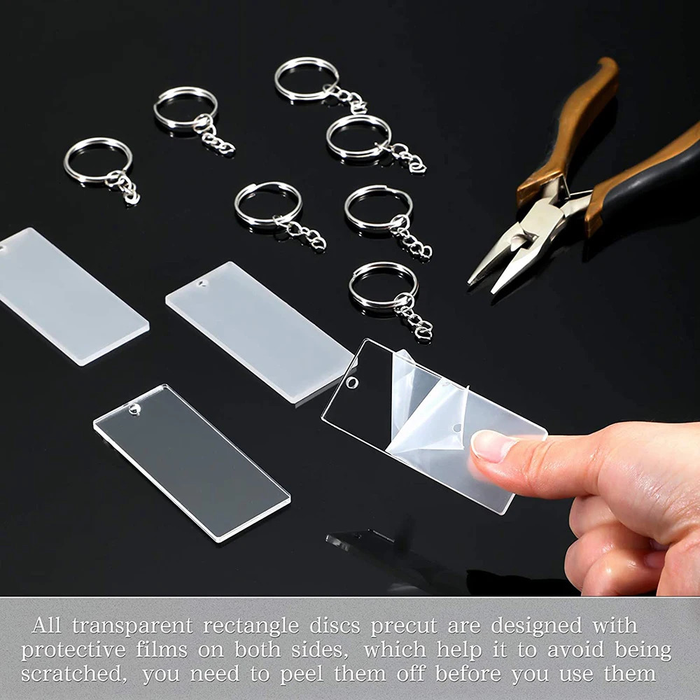 90Pcs Transparent Acrylic Keychain Blank Charms Key Chains Jump Ring for DIY Craft Ornament Engrave Painting 250606