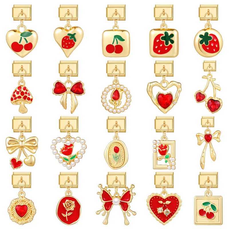 Golden Charm Sterry Cherry Butterfly Rose Mushroom Italian Charm Links Fit 9mm Bracelet Stainless Steel DIY Jewelry Making XJ250607