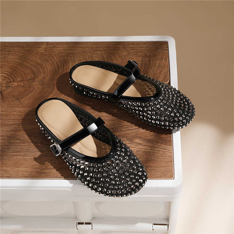 Fashion Mesh Rhinestone Runway Shoes Round Toe Mary Jane Shoes Breathable Flat Ballet Flats For Women Summer