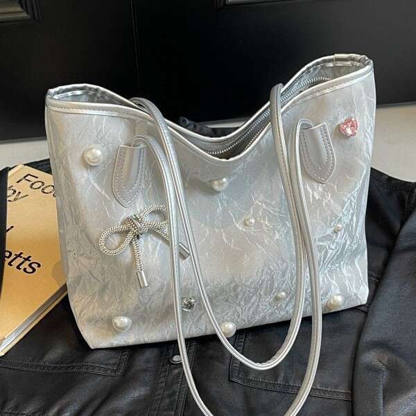 Large Capacity Tote 2025 Summer New Rivet Bowknot Underarm Textured Shoulder Bag for Women
