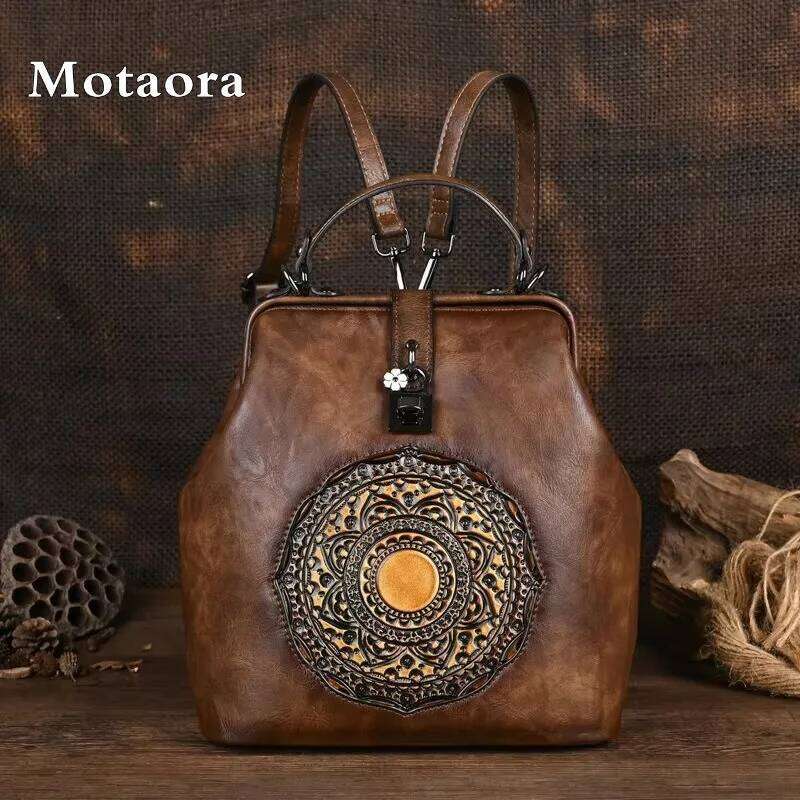 MOTAORA Vintage Emed Leather Backpack Women Anti-Theft Bag with Adjustable Strap, Purse for Travel & Daily Use