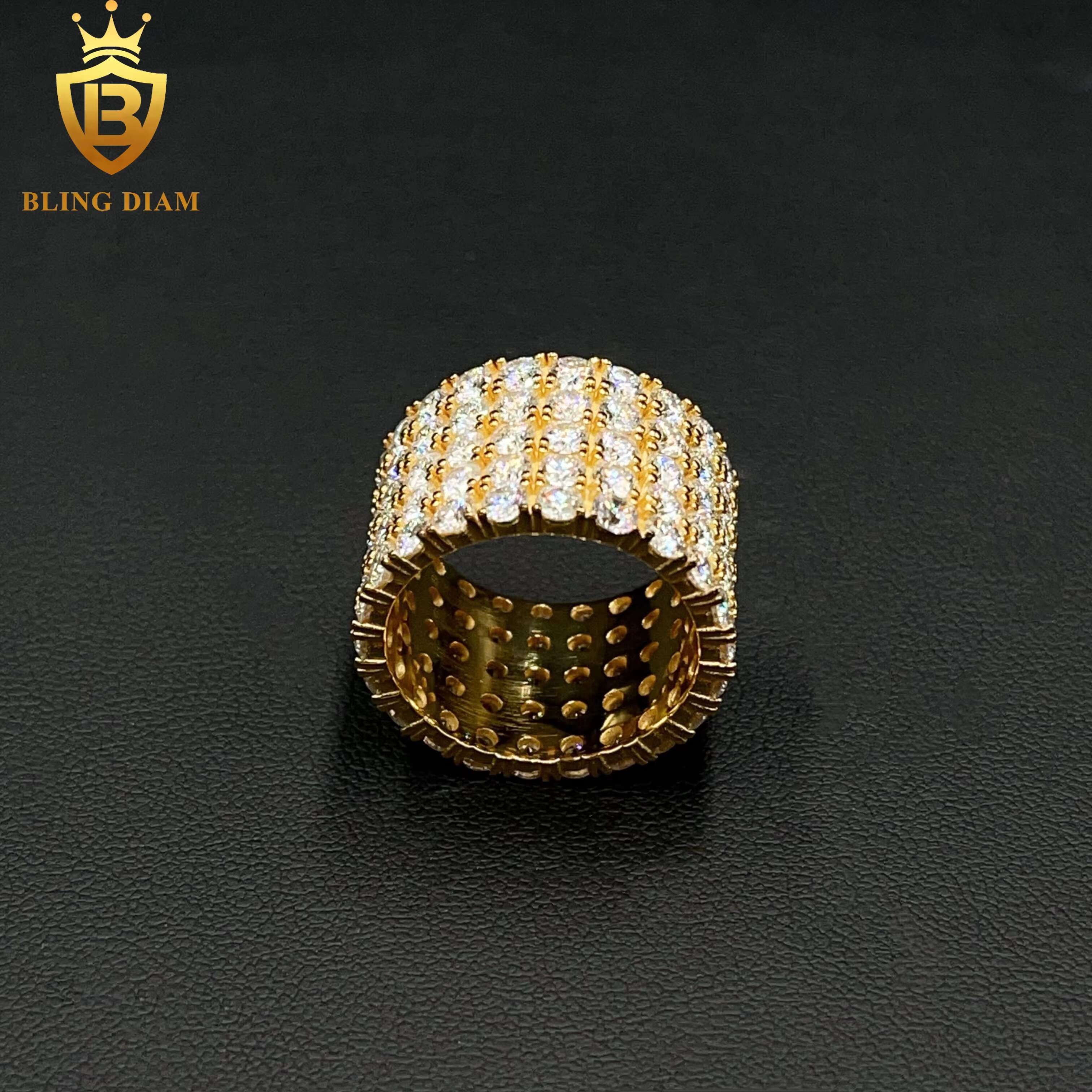 Hip Hop Jewelry 925 Sterling Silver VVS Moissanite Fully Iced 5 Rows Diamond Iced Out Ring for Men