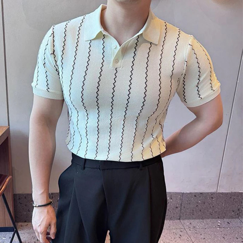 2025 Summer Trendy Striped Short Sleeve Polos Men Clothes Knitting Polo Neck Buttoned Tops Mens Slim Knitted Polo Shirts 250605