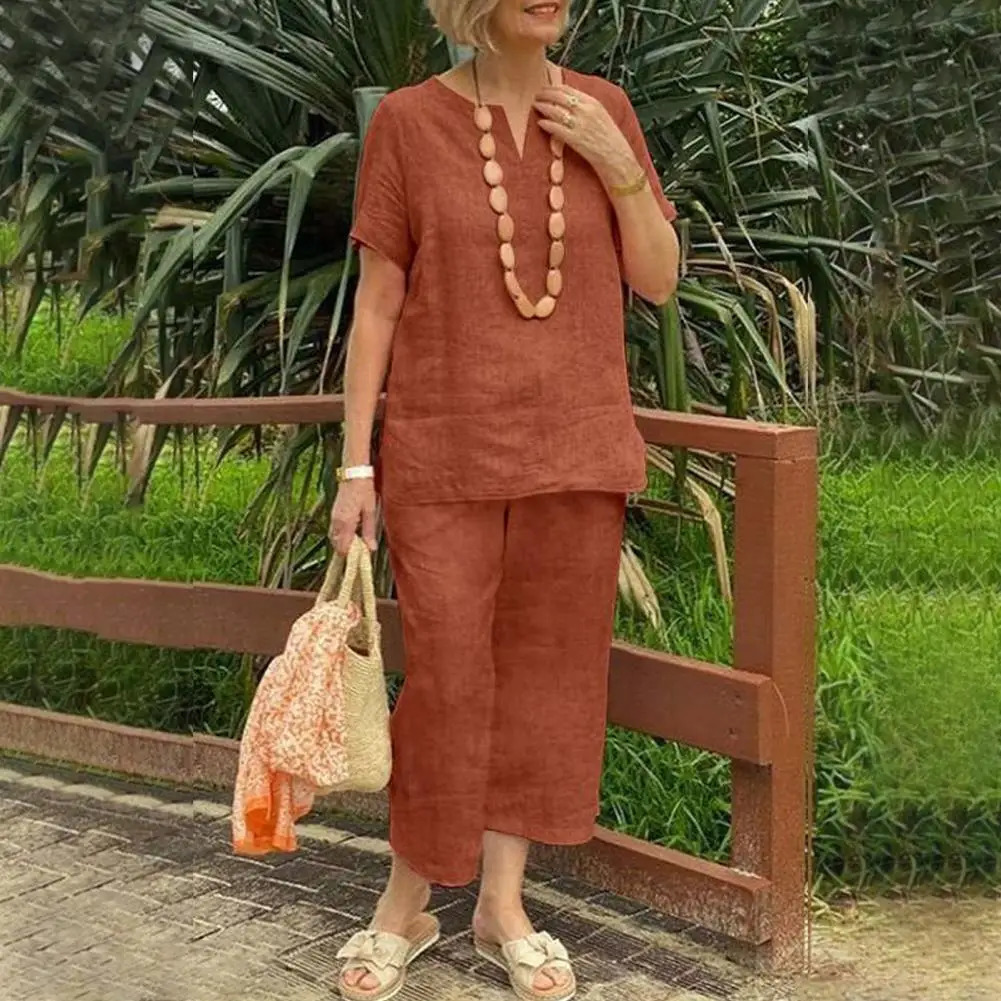 2Pcs Women Blouse Pants Set Solid Color Short Sleeve Loose Top Wide Leg Straight Pants Sets Casual Matching Tracksuit Outfit 250605