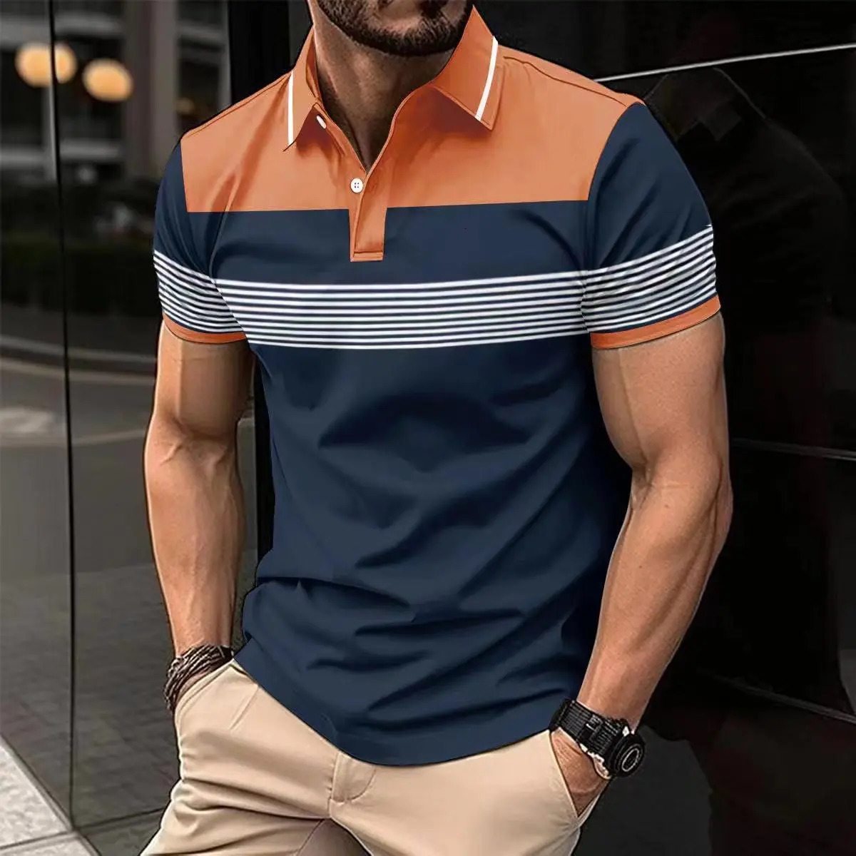 2025 -Selling Mens T-Shirt Short Sleeve Color Contrast Striped Print Button Business fashion Loose Mens Street POLO Shirt 250605