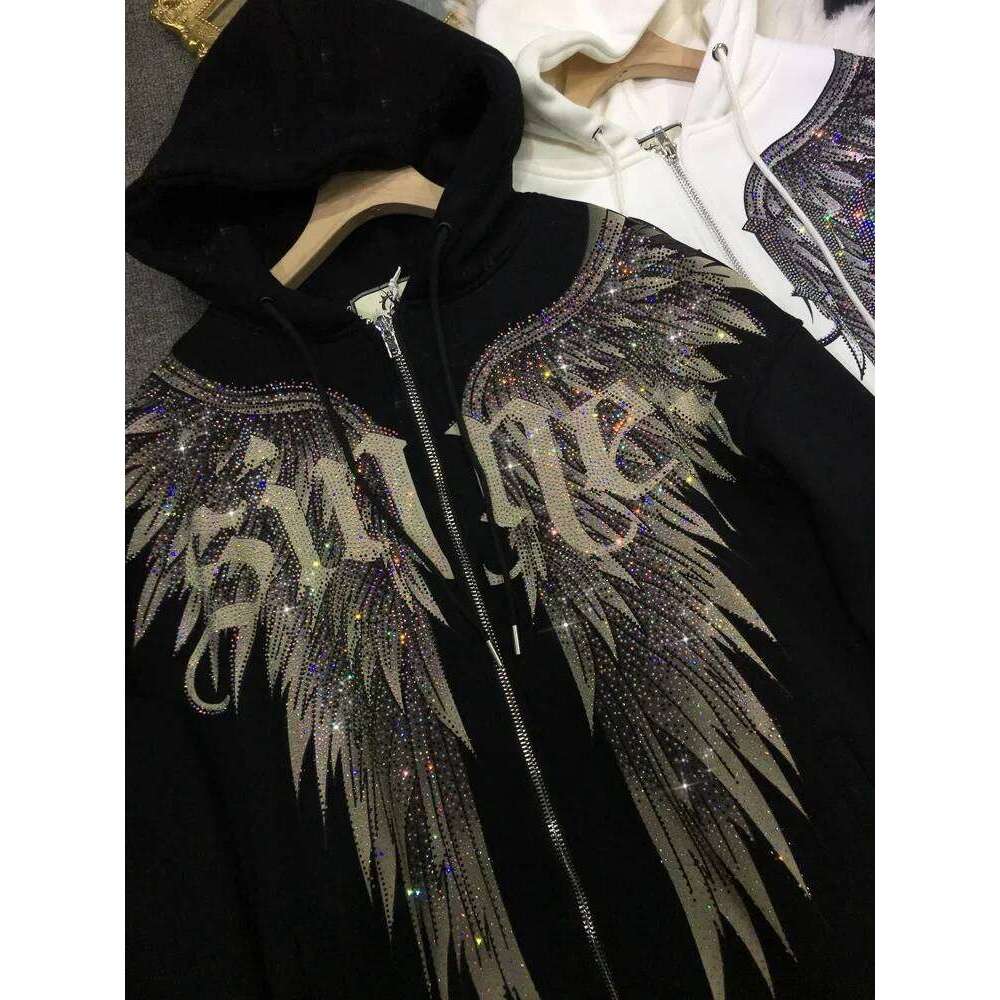 Women Big Wings Hot Drilling Hooded Jacket Dias Beaded Hoodies Coat Rhinestones Cardigan Zipper Plus Veet Tops