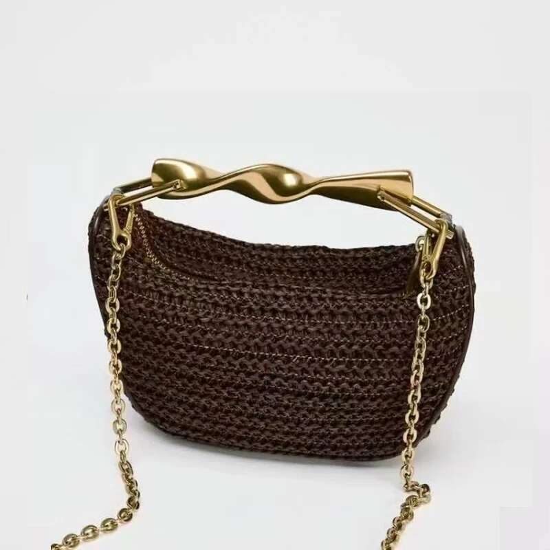 Mini Straw Woven Bags For Women Designer Handbag Purses 2025 New In Vintage Metal Handle Chain Strap Hobos Wrist Shoulder