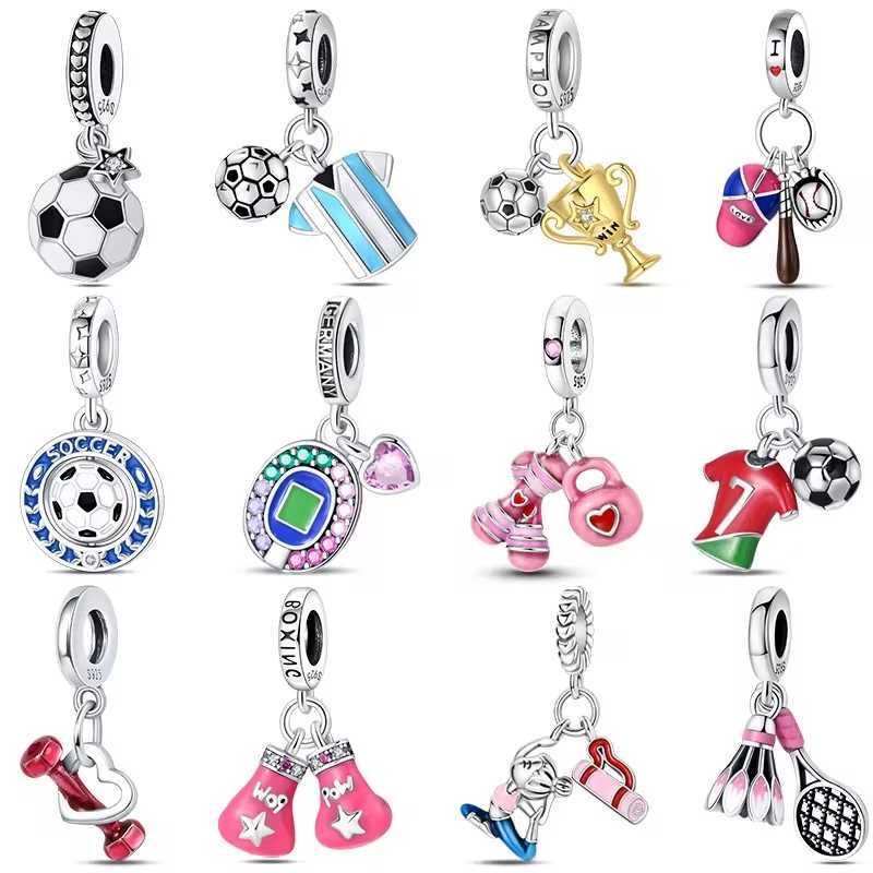 925 Silver Sports Series Dumbbell Badminton Soccer Charm Beads Fit Pandach Original DIY Bracelets Birtay Gifts Fine JewelryXJ250607