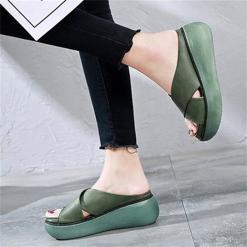 Ddmyoutdoor Women Slippers Soft Leather Wedges Shoes Woman Summer Beach Flip Flops New Platform Sandalias Mujer Wedge Heels Sandals outdoor shoes