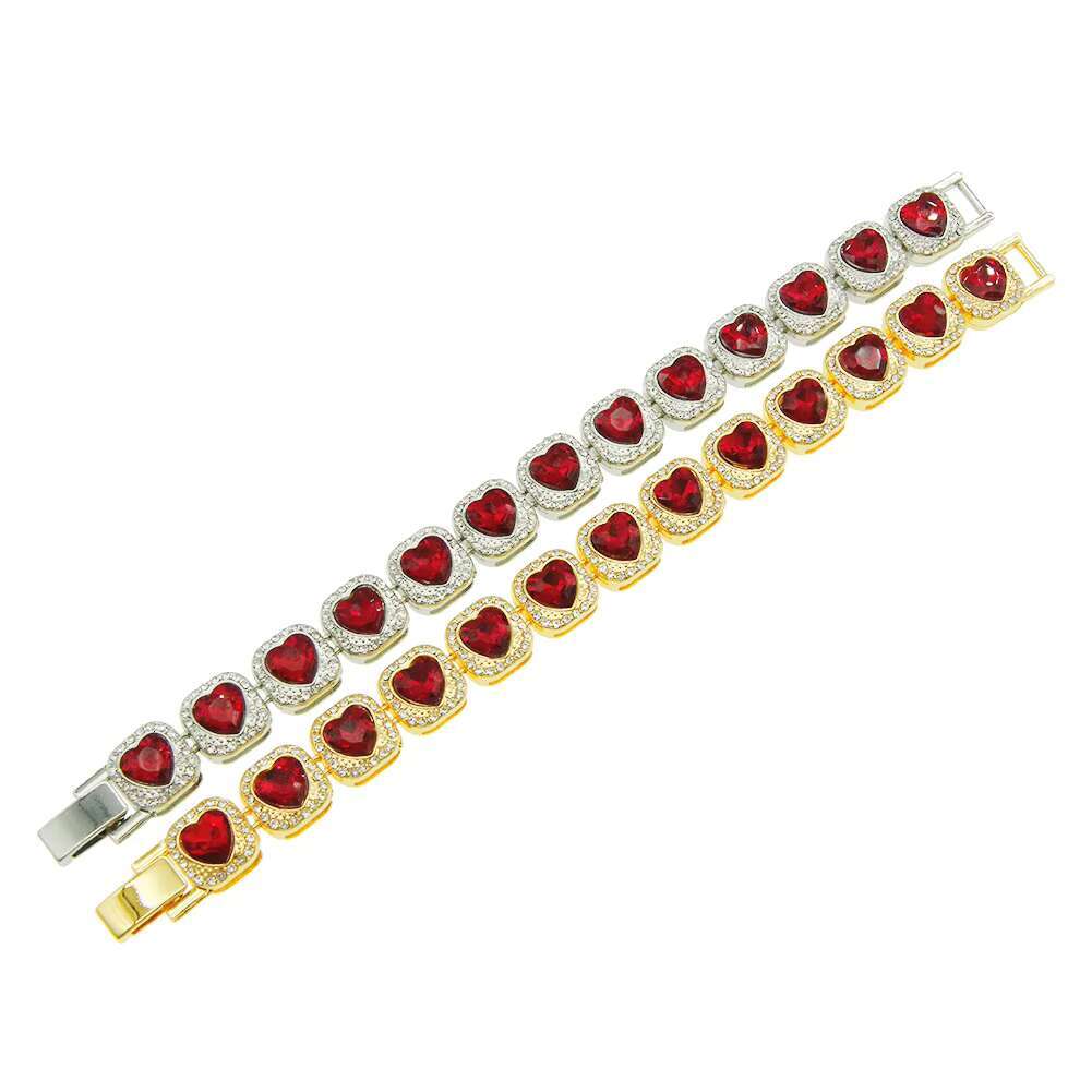 Personal Trendy Red Diamond Cuban Chain Necklace with Heart Fashion Tennis Bracelets Accessories