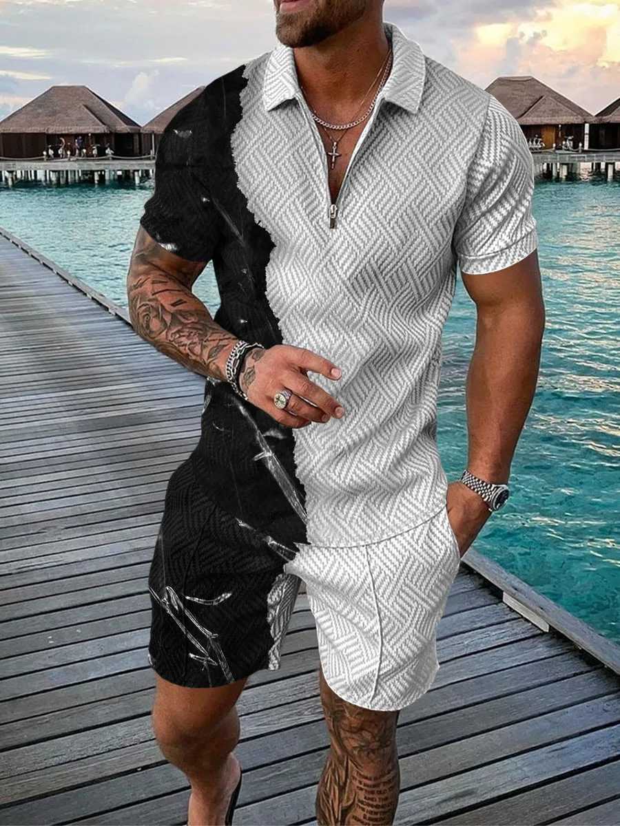 Summer Mens Zip-up POLO Collar Sports Suit Fashion Casual Street y2k Wear Sports Style Zip-up POLO Shirt And Shorts 2 Piece Set W250609