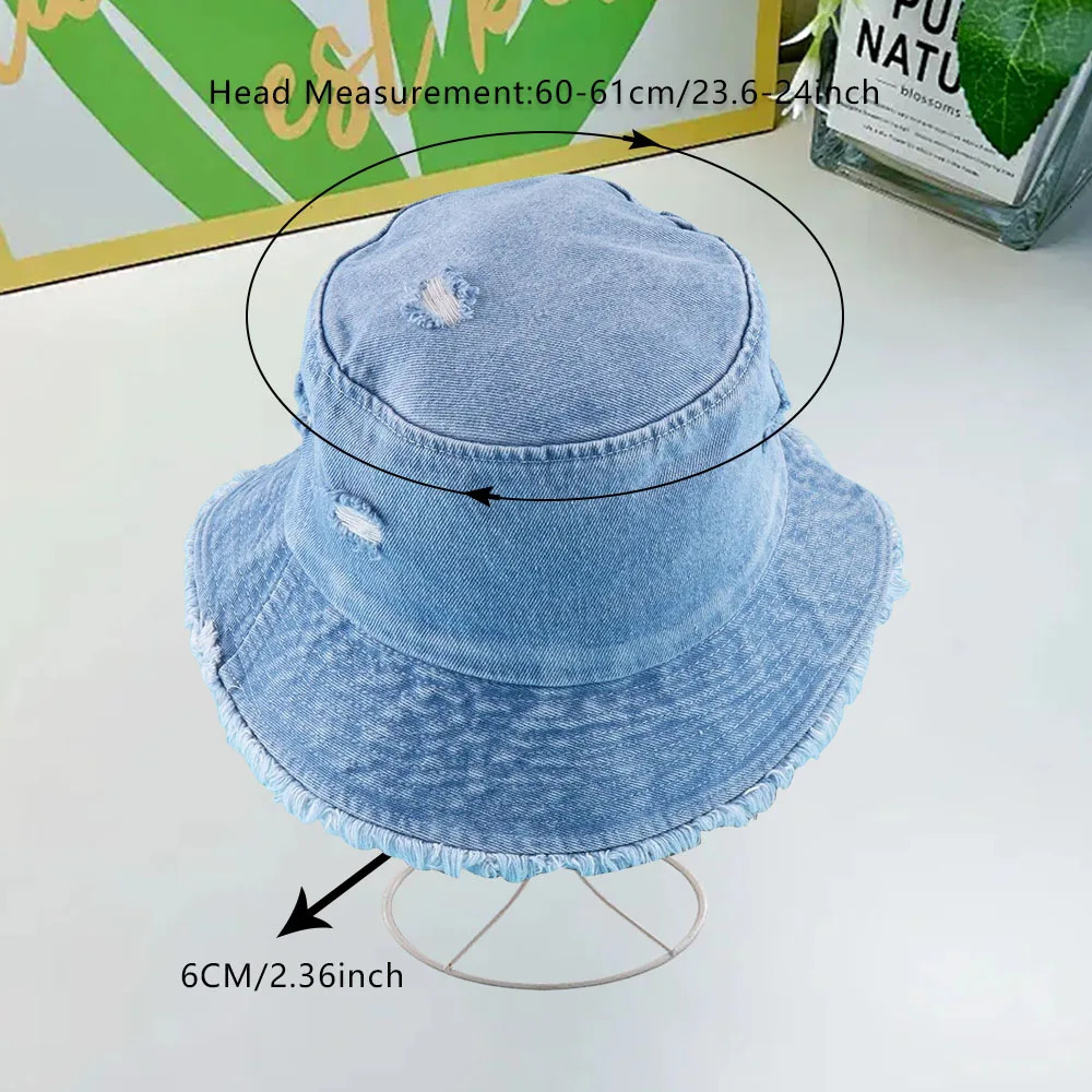 Retro Fashion Washed Fringed Ripped Denim Fisherman Hat For Men and Women Summer Solid Color Sun Hat Versatile For Daily Use 250605