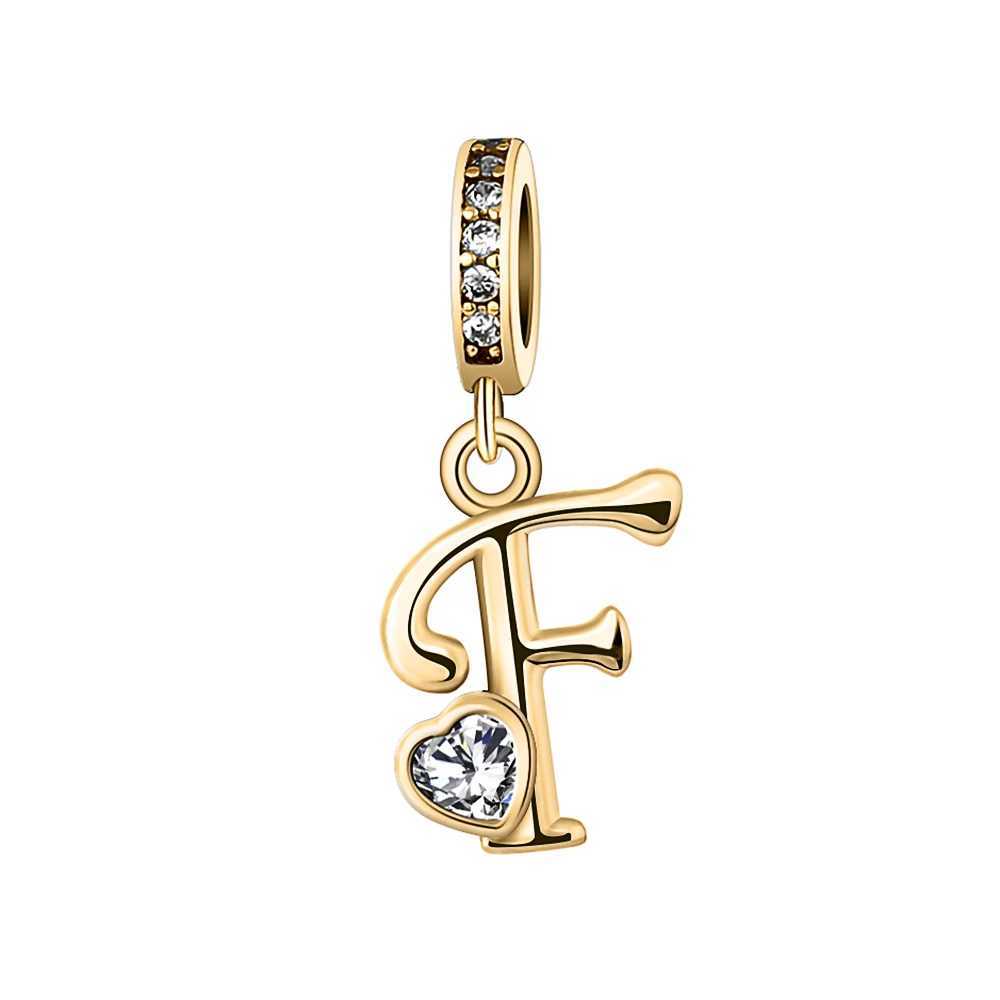 NEW Fine Bead 26 Letter Gold Heart Pendant Charm For Original European 925 Sterling Silver Bracelet Necklace For Women Jewelry XJ250607