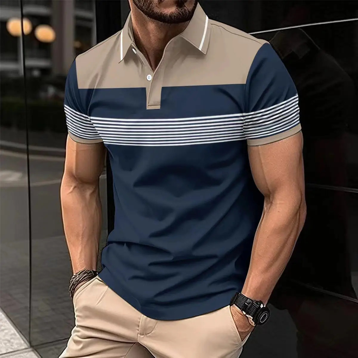 2025 -Selling Mens T-Shirt Short Sleeve Color Contrast Striped Print Button Business fashion Loose Mens Street POLO Shirt 250605