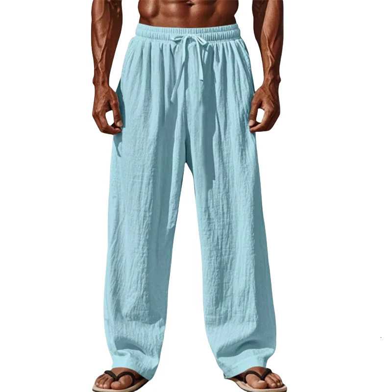 2025 Mens Cotton and Linen Casual Pants Simple and Comfortable Straight Leg Pants Waist Drawstring Plus Size Looser 250605