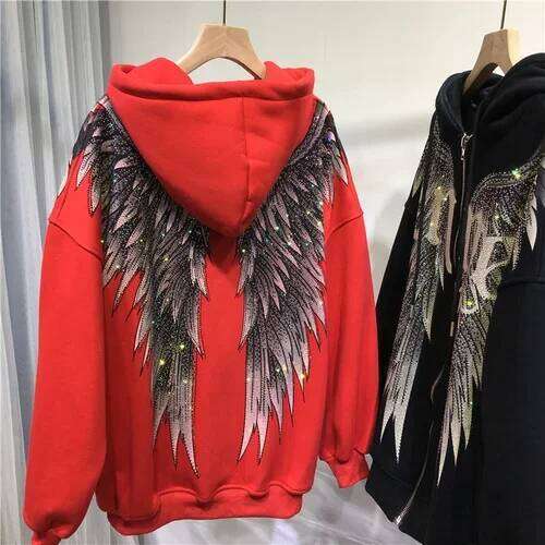 Women Big Wings Hot Drilling Hooded Jacket Dias Beaded Hoodies Coat Rhinestones Cardigan Zipper Plus Veet Tops
