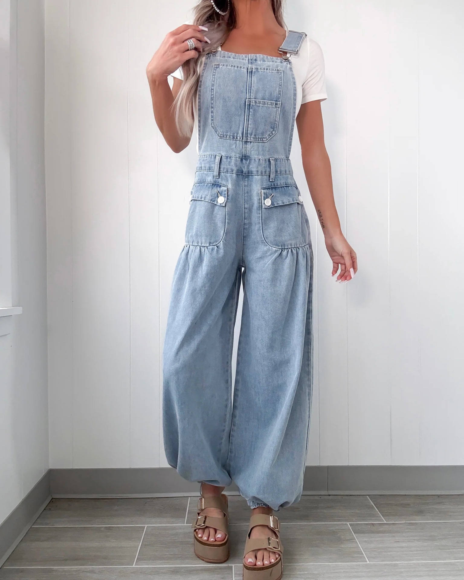 European women's new fashion clothing - stylish casual loose-fitting wide-leg denim drawstring pants