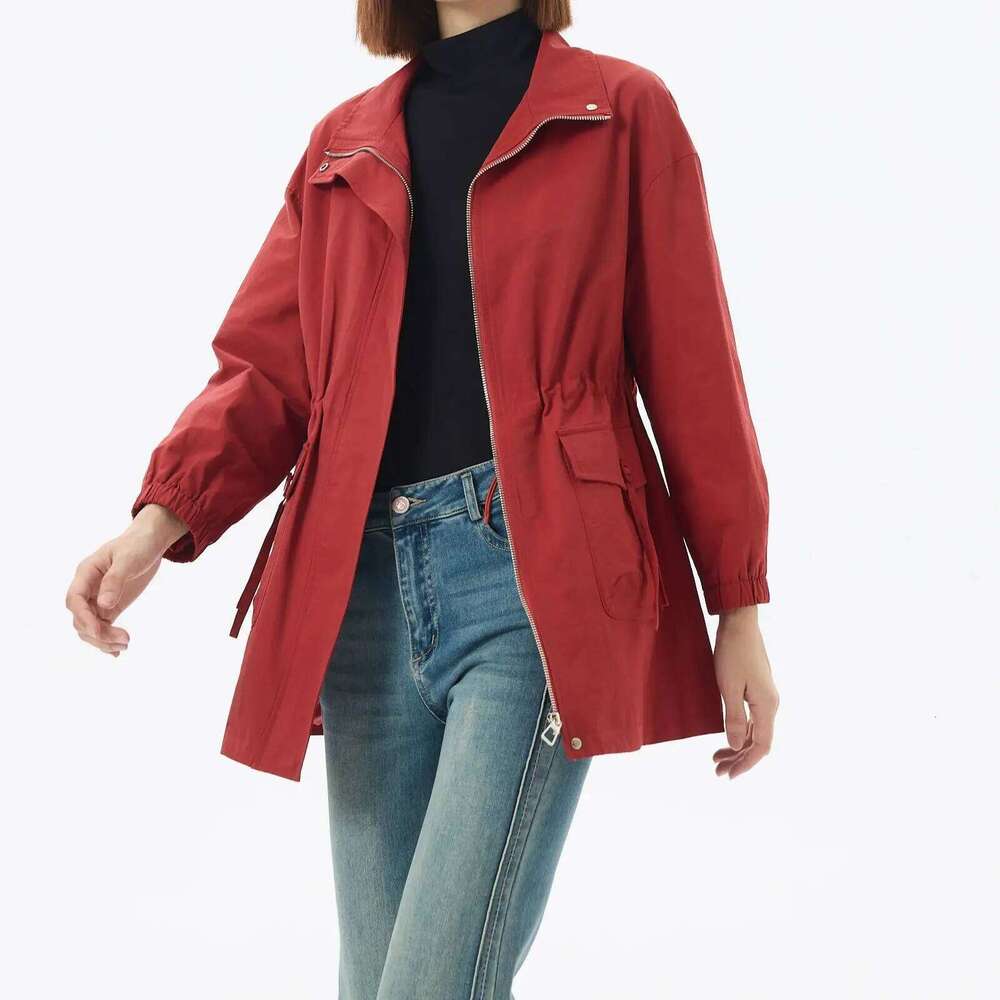 Female Windproof Overcoat Long Sleeve Zipper Jackets Mid Length Version Windbreaker Red Khaki Spring Autumn Women Coat