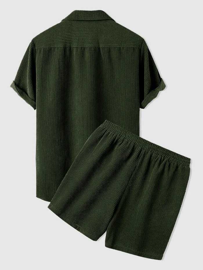 ZAFUL Mens Corduroy Casual Lapel Collar Solid Color Button Summer Short Sleeves Shirt And Shorts Set W250609