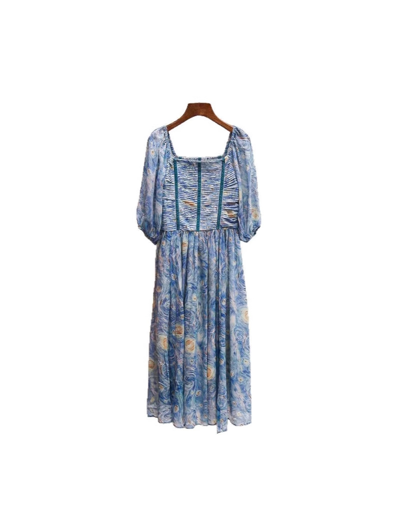 XR170 French elegant retro holiday style square neck waist print long dress