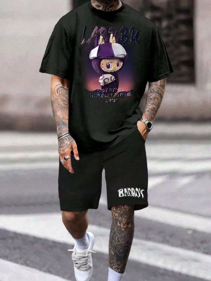 2025 New LABUBU Pure Cotton Short Sleeve Designer T-Shirt American Style Loose Trendy Casual Set Digital Direct Print Labubu Doll