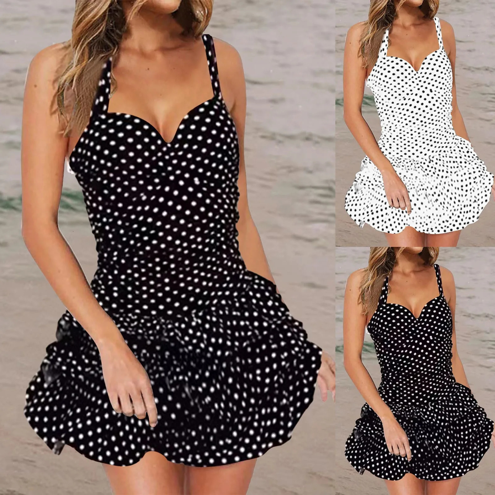 Swimwear Women Beach Dress With Shorts Polka Dot Print Black White Swimsuits Halter Ruffles Hem Layer Sexy Beachwear 250530