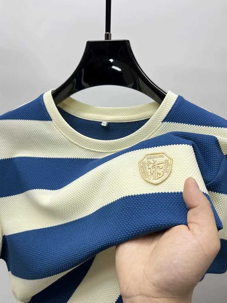 2024 High-end Brand Fashion Badge Printed Short Sleeve T-shirt Men Summer Trend Striped Round Neck T-shirt Casual Breathable Top X250607