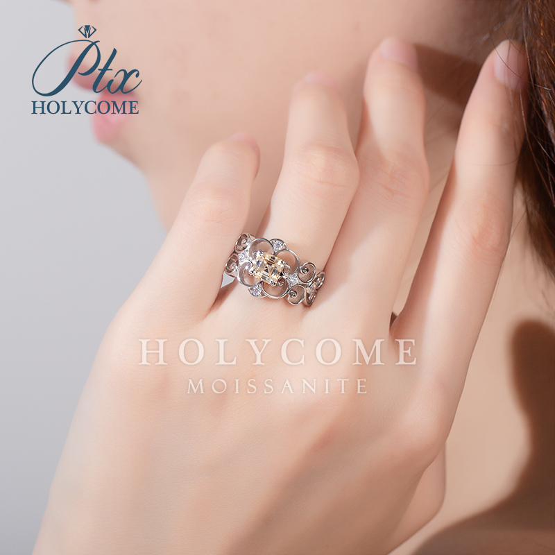 Wholesale New European 925 Sterling Silver Rings Genuine Engraved Fit for Women 1CT Champagne Moissanite Engagement Ring for Party