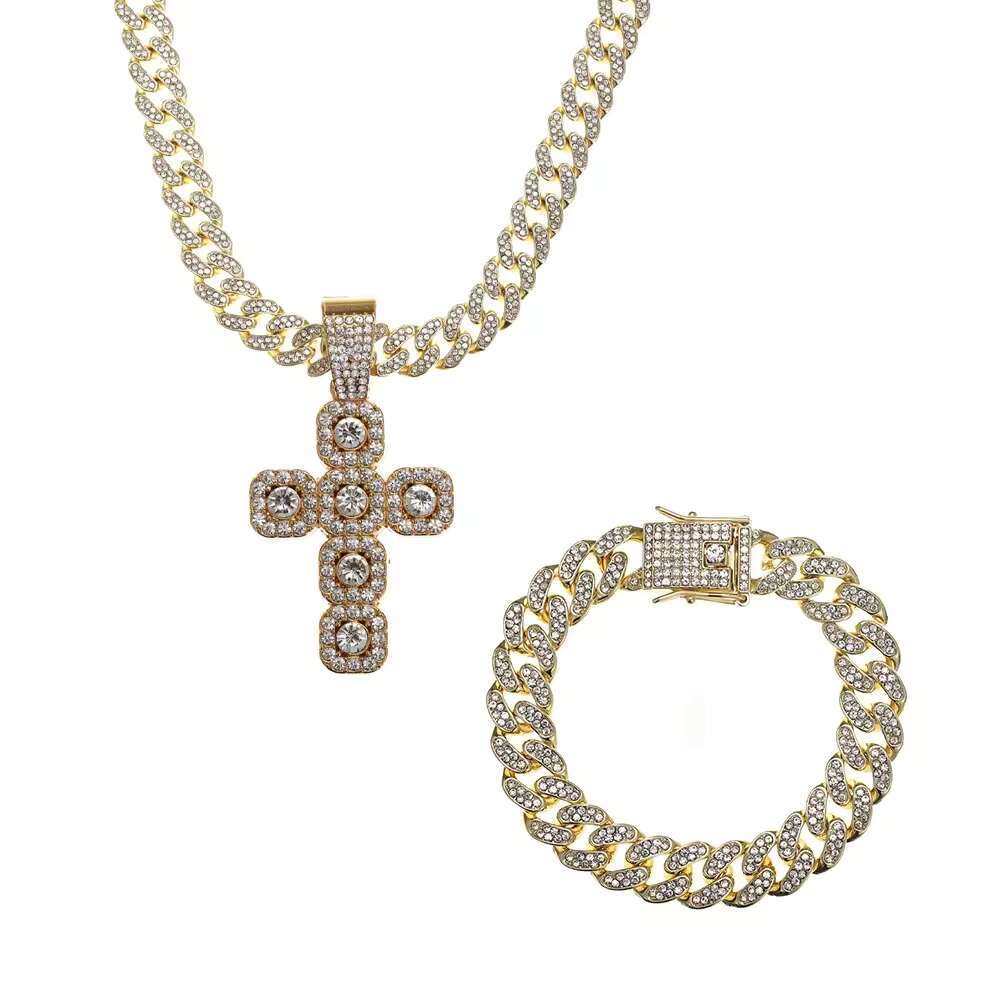 Fashion Hiphop Popular Cross Pendant Cuban Chain Big Pendant Necklace Bracelet Set