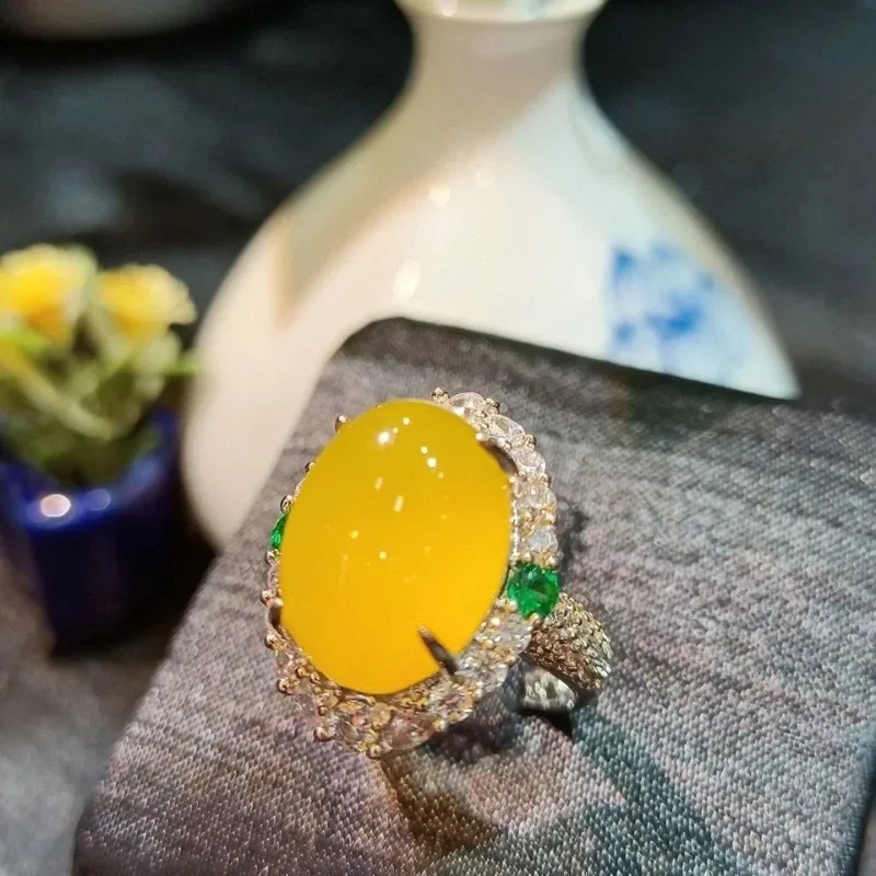 Natural 925 Silver Inlaid with High Ice Emperor Green Jade Ring Green Agate Jade Ring Fashion Exquisite Womens Jewelry Gift 250604