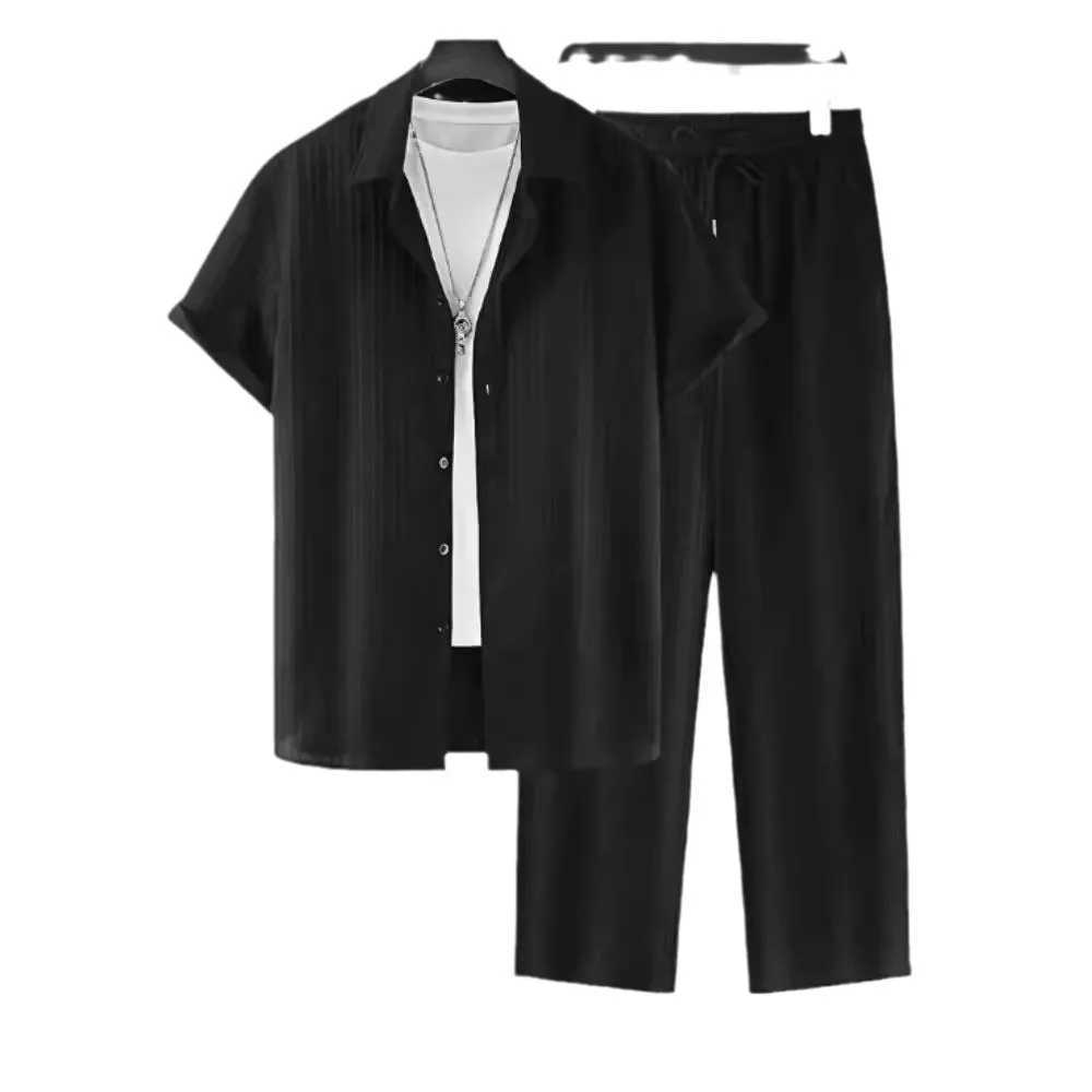 2025 Mens Striped Short-sleeved Shirt and Breasted Lapel Suit Mens Fashion Trendy Style Mens Casual Waffle Shirt Suit W250609