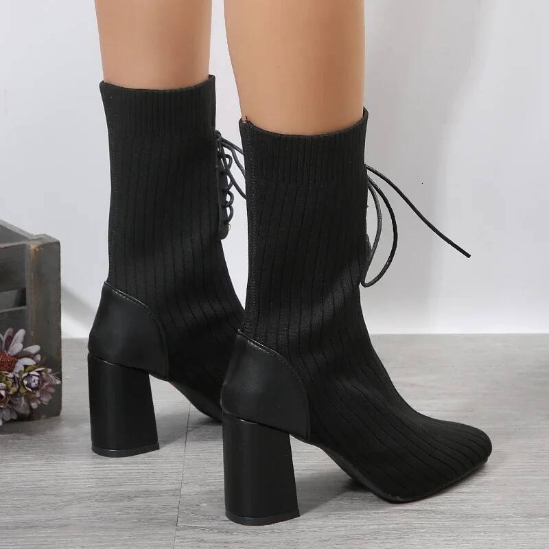 Ddmyoutdoor Knit Socks Shoes Stretch Fabric Women Ankle Pointed Toe High Heels Slip On Sock Heeled Boots Size Outdoor Shoes