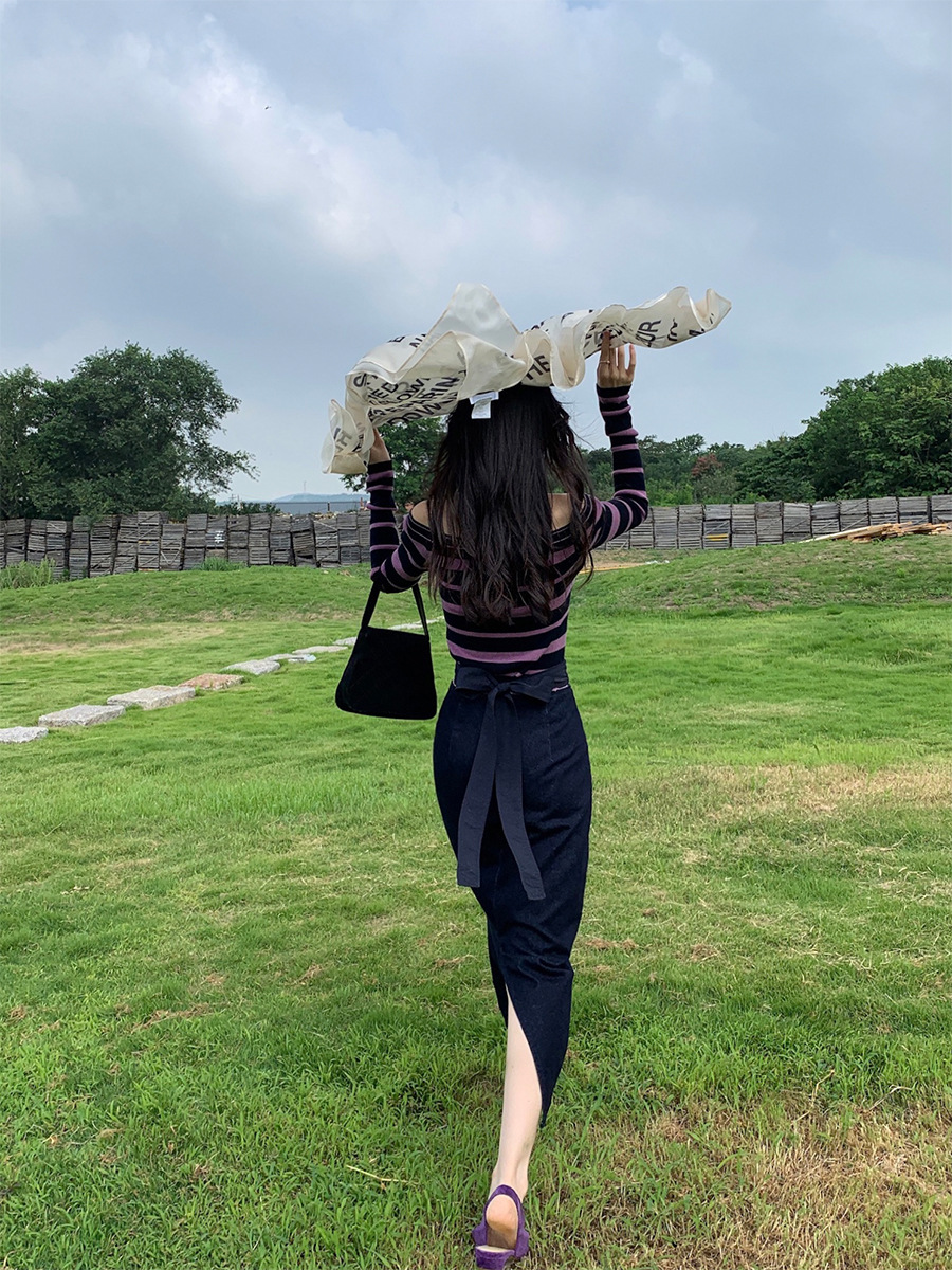 XR146 Women's Autumn Style High Waist Hip-wrapped Denim Long Skirt with Back Slits and Ties