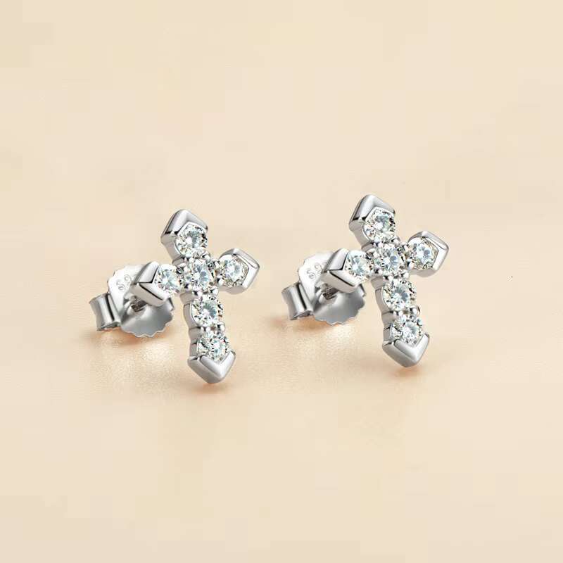 Simple 0.7ct Vvs Moissanite Stud Earrings 925 Sterling Silver Women Gift Mens Hiphop Moissanite Cross Earrings