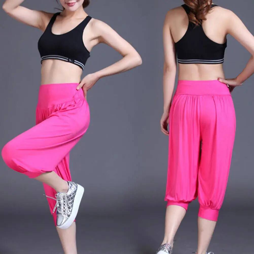 Women Summer Modal Yoga Cropped Elastic Waistband Dance Performance Wide Leg Pants Bloomers