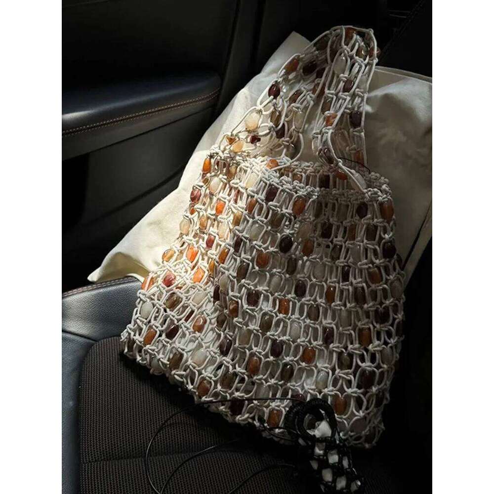 Beaded woven bag Bucket Phone Purse Handmade Hollow Out Cotton Rope Crochet Bag Handbag For Girls