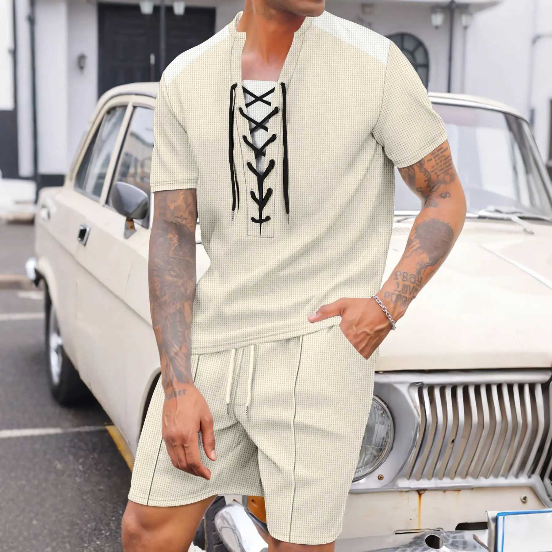 2025 Summer Mens New Leisure Fashion City Wear Rope Round Neck T Trend Waffle Short-Sleeved Shorts Two-Piece Suit W250609