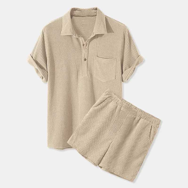Men Sets Casual Loose Waffle Corduroy Short Sleeve Suit Casual Two Piece Set Summer Solid Color Top and Shorts W250609