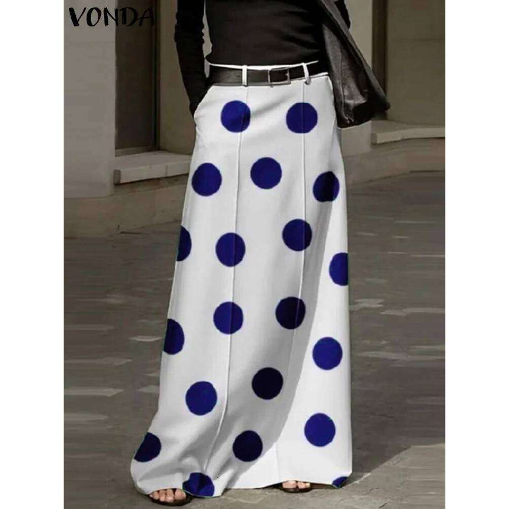 Plus Size 5XL VONDA Women Maxi Bohemian Printed Dot Point Long Skirt Summer High Waist Casual Loose A-Line Beach Skirts
