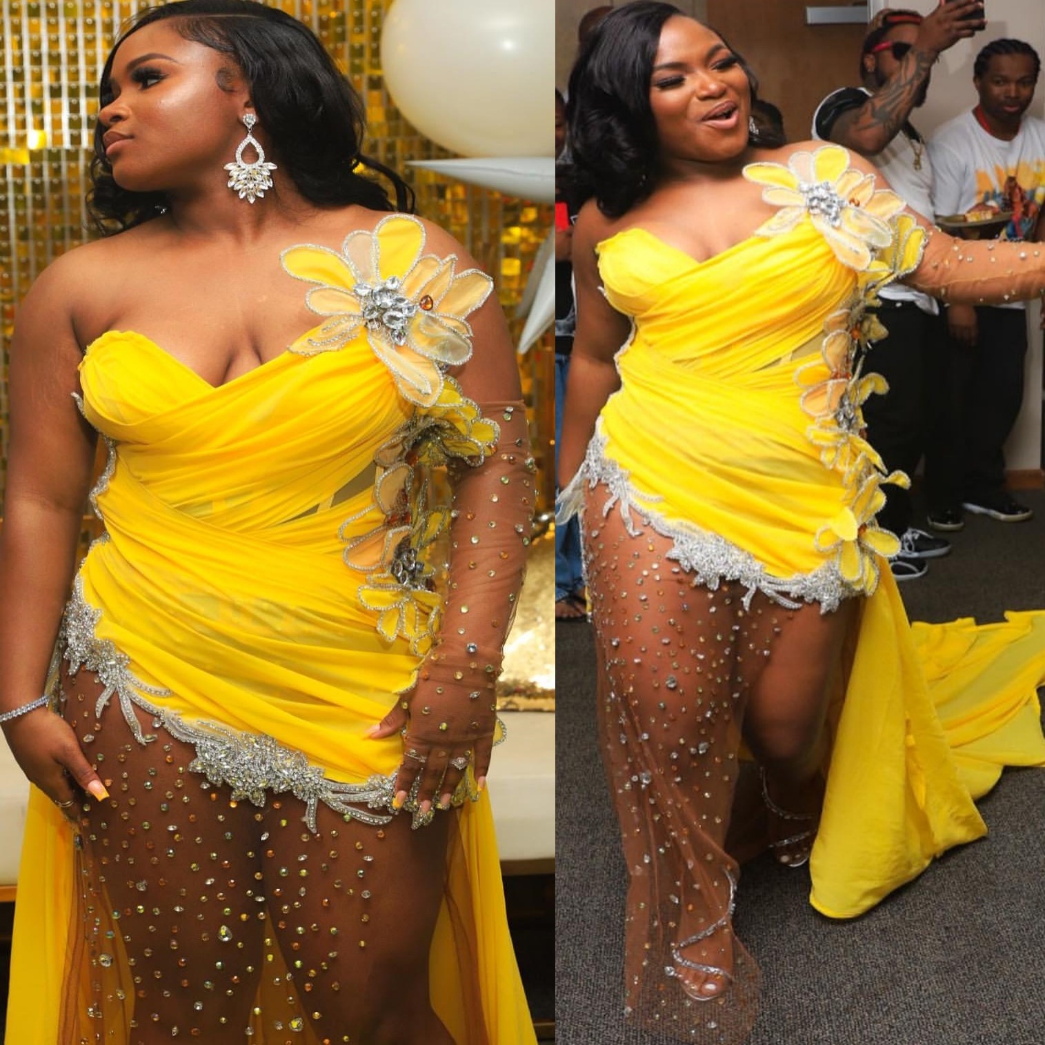Yellow Mermaid Prom Dresses 2025 Crystals Appliques High Split Chiffon Evening Formal Party Second Birthday Engagement Gowns Plus Size Dress For Speci