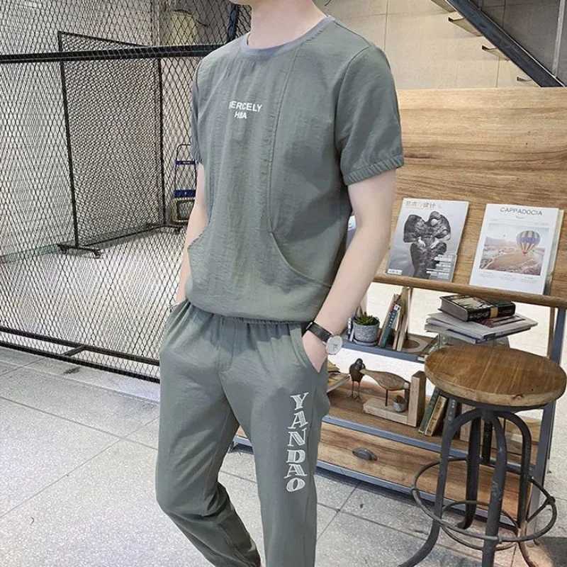 Tracksuit Gym T Shirt Man Khaki Sports Suits Alphabet Top Sportswear Mens Clothing New in Pants Sets Matching 2 Piece Outfit XL W250609