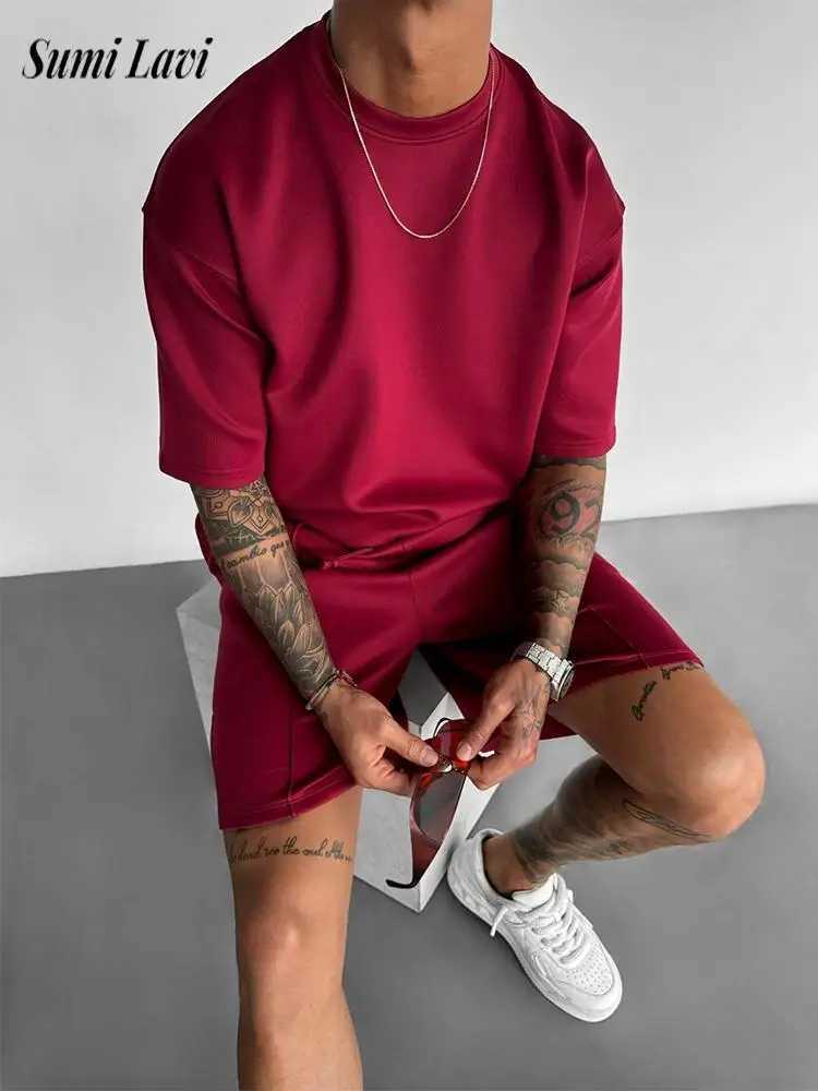 Streetwear Fashion Pure Color Mens Outfits Summer Stylish O Neck Short Sleeve T Shirt And Shorts Men Two Piece Suits Casual Sets W250609